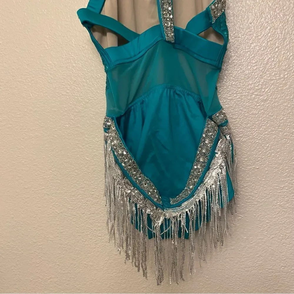Glamour dance costume teal silver fringe contemporary Broadway embellished SA